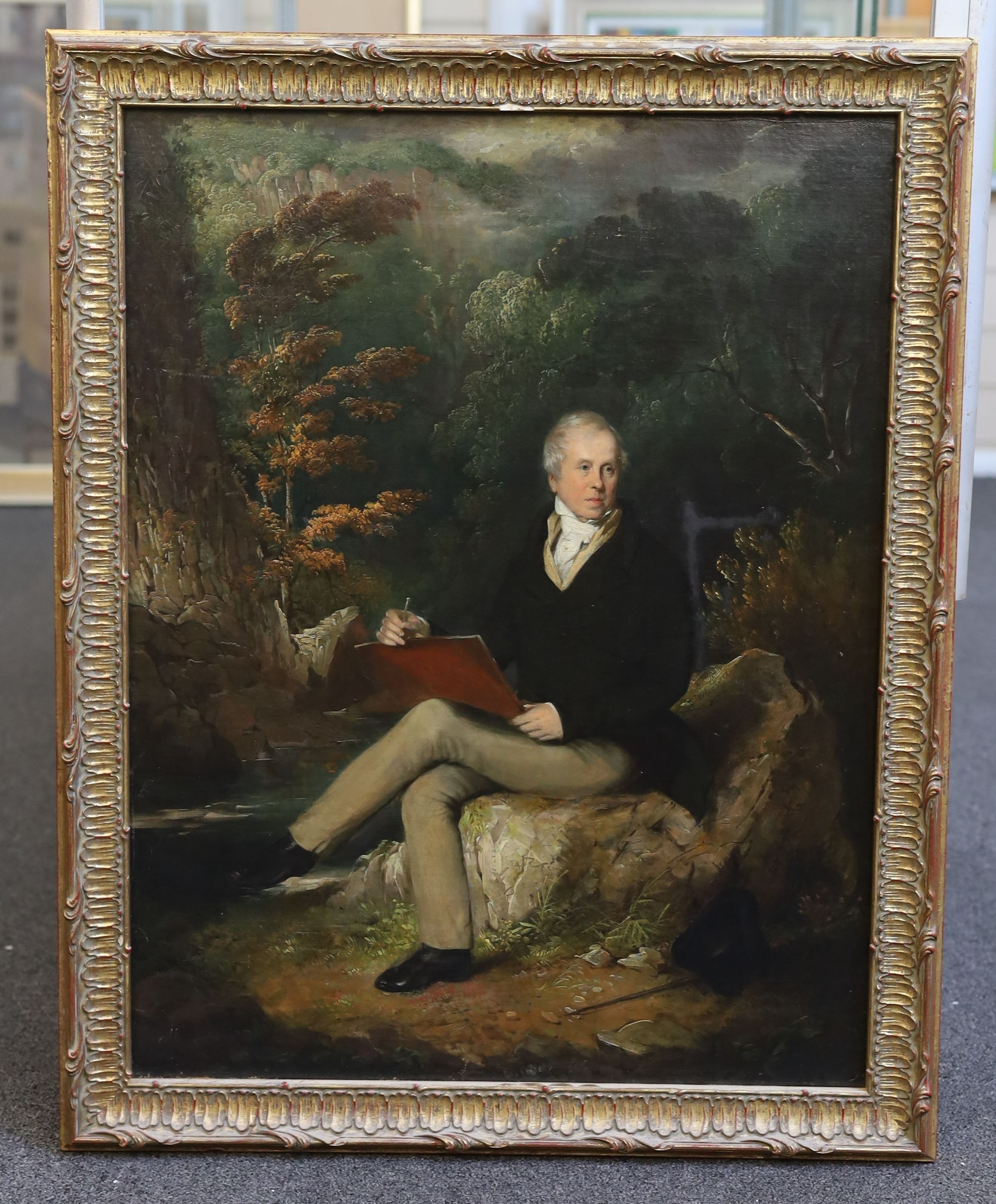 Alfred Frick (19th C.), Full length portrait of a gentleman seated in a landscape, sketching in a notebook, the sitter is possibly Charles Turner (1774-1857), an engraver and draughtsman, oil on canvas, 64 x 49cm